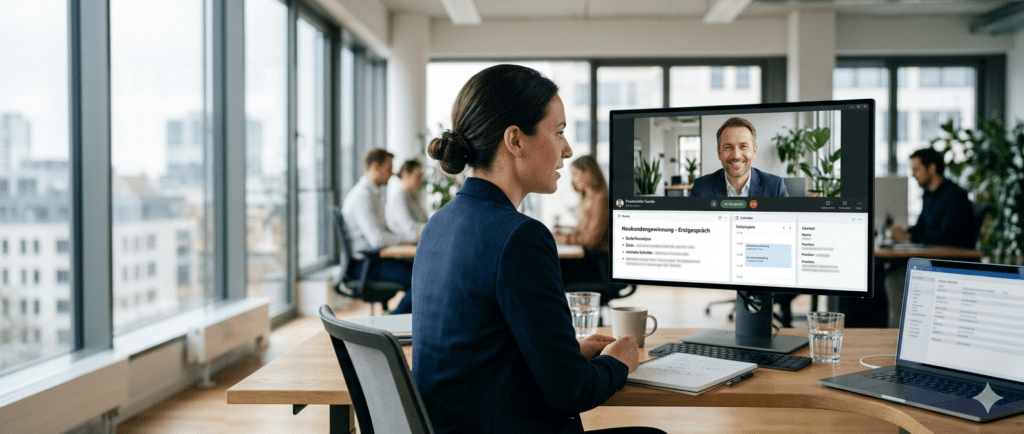 Mitarbeiterin führt ein Online-Erstgespräch mit einem potenziellen Kunden