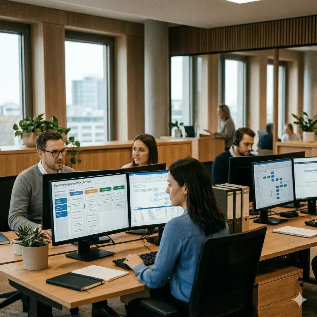Hotz Mitarbeiter arbeiten am Schreibtisch im Großraumbüro