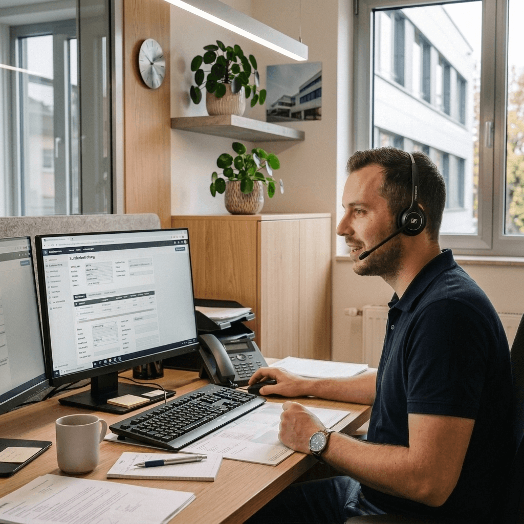 Mitarbeiter im Inbound Marketing trägt ein Headset und nimmt anrufe entgegen